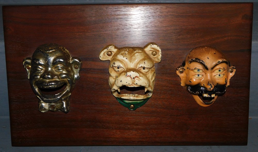 Lot Two Painted Bottle Openers & One Silver Plate Bottle Opener Mounted On Walnut Board (1 of 2)