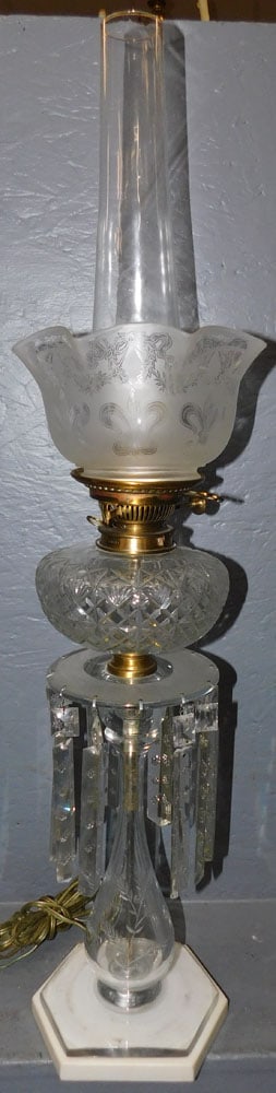 Victorian Cut Glass Banquet Lamp With Satin Glass Shade: Victorian Cut Glass Banquet Lamp With Satin Glass Shade . 35" H ALL DESCRIPTIONS AND ANY CONDITION STATEMENT GIVEN BY LANGSTON AUCTION GALLERY ARE STRICTLY OPINIONS AND LANGSTON'S SHALL HAVE NO RESPON