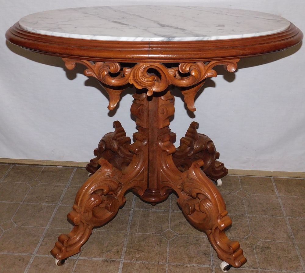 Victorian Walnut Carved Marble Top Center Table (1 of 5)