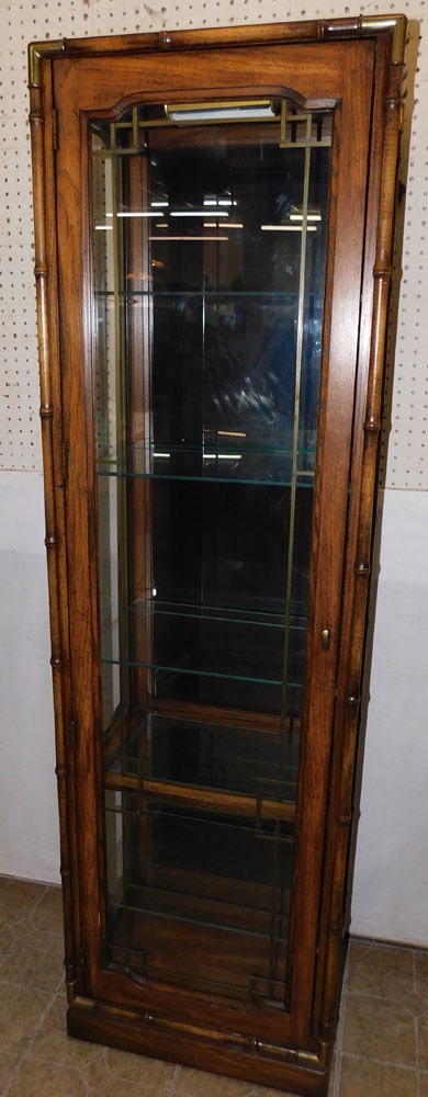 Mid Century Modern Walnut Faux Bamboo Curio Cabinet: Mid Century Modern Walnut Faux Bamboo Curio Cabinet. 21" W 15" D 70 1/4" H ALL DESCRIPTIONS AND ANY CONDITION STATEMENT GIVEN BY LANGSTON AUCTION GALLERY ARE STRICTLY OPINIONS AND LANGSTON'S SHALL HAV