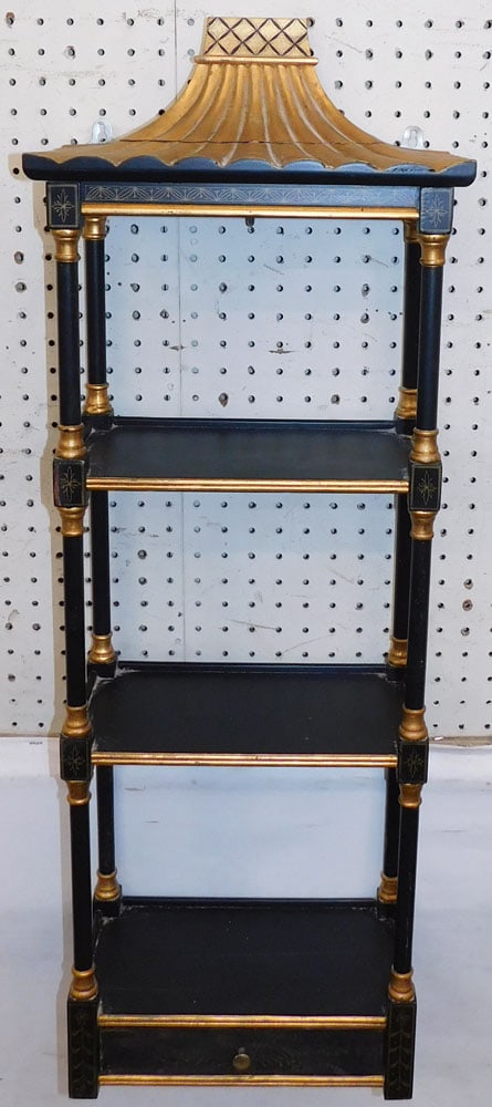 Pagoda Shaped Top Black Lacquered Paint Decorated Wall Shelf (1 of 7)