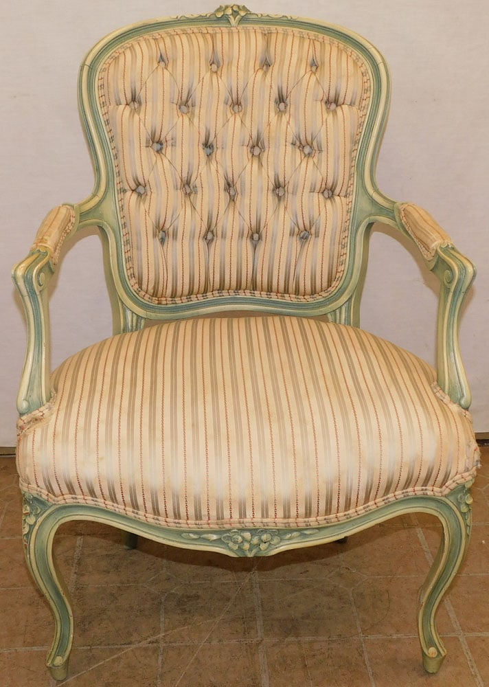 Paint Decorated French Fauteuil (Torn Upholstery): Paint Decorated French Fauteuil (Torn Upholstery). 35" H ALL DESCRIPTIONS AND ANY CONDITION STATEMENT GIVEN BY LANGSTON AUCTION GALLERY ARE STRICTLY OPINIONS AND LANGSTON'S SHALL HAVE NO RESPONSIBILIT