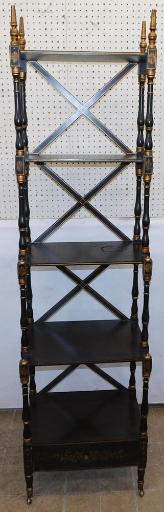 Black Lacquered & Gilded Paint Decorated One Drawer Etagere (1 of 8)