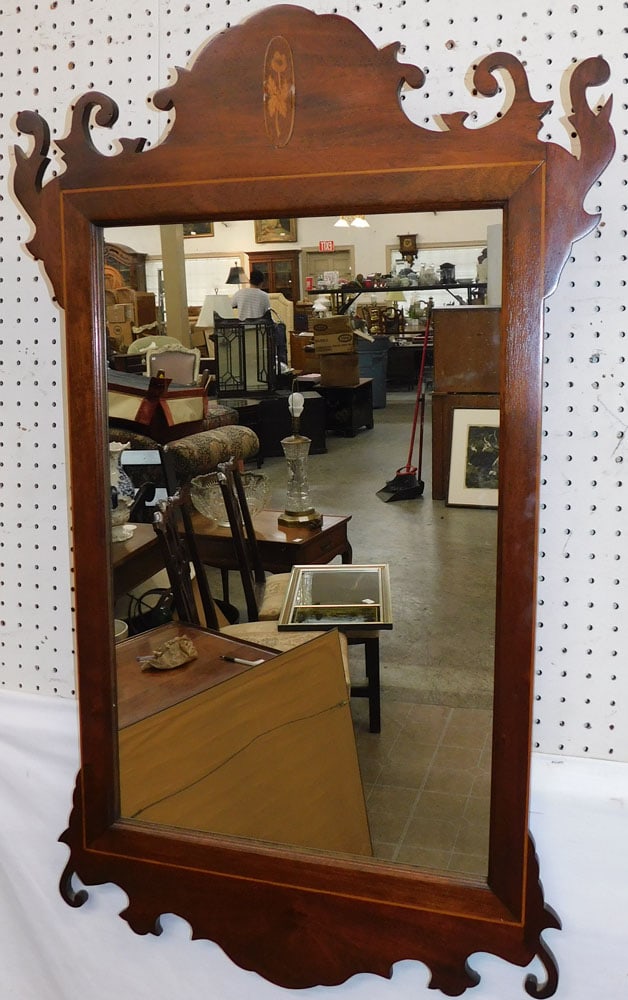 Mahogany Inlaid Framed Mirror: Mahogany Inlaid Framed Mirror. 23 1/4" x 41 3/4" ALL DESCRIPTIONS AND ANY CONDITION STATEMENT GIVEN BY LANGSTON AUCTION GALLERY ARE STRICTLY OPINIONS AND LANGSTON'S SHALL HAVE NO RESPONSIBILITY FOR ER