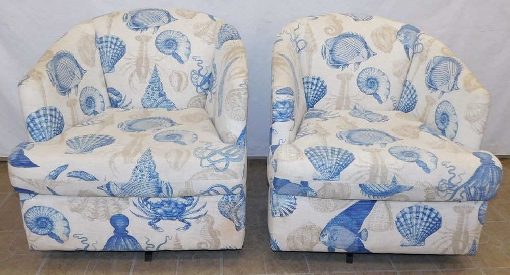 Pair of Seashell Upholstered Swivel Tub Chairs: Pair of Seashell Upholstered Swivel Tub Chairs . 31 1/2" H ALL DESCRIPTIONS AND ANY CONDITION STATEMENT GIVEN BY LANGSTON AUCTION GALLERY ARE STRICTLY OPINIONS AND LANGSTON'S SHALL HAVE NO RESPONSIBIL