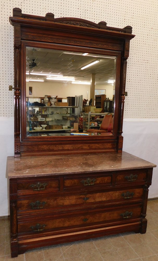 Walnut Victorian Burl Walnut Marble Top Dresser: Walnut Victorian Burl Walnut Marble Top Dresser. 51 1/2" W 23" D 80 1/2" H ALL DESCRIPTIONS AND ANY CONDITION STATEMENT GIVEN BY LANGSTON AUCTION GALLERY ARE STRICTLY OPINIONS AND LANGSTON'S SHALL HAV