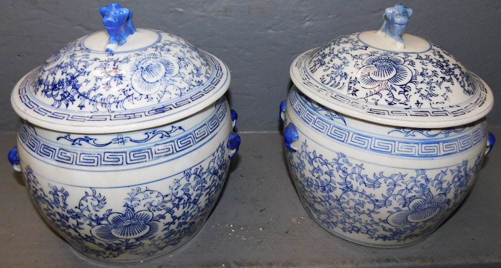 Pair of Oriental Porcelain Blue & White Covered Jars (1 of 3)