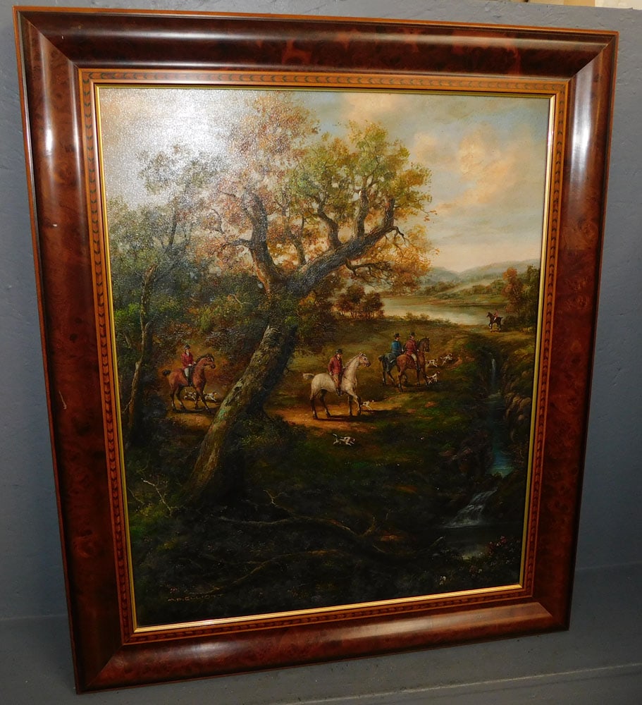 Oil on Canvas Fox Hunt Scene Signed in Burled Walnut Frame (1 of 7)