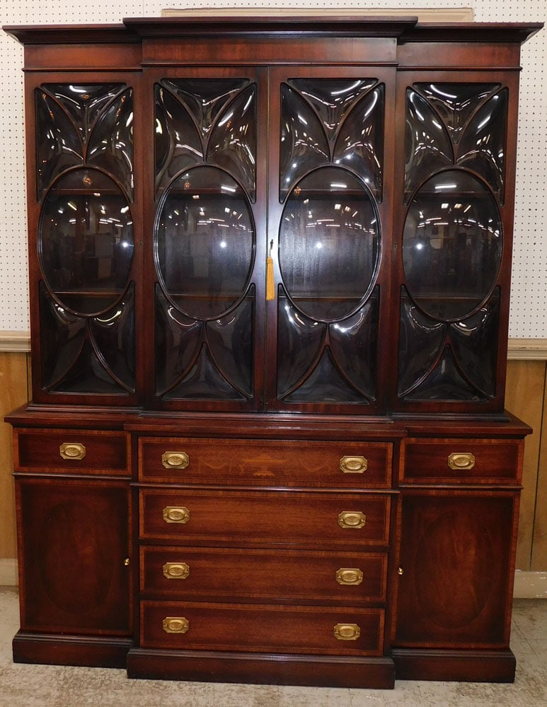 Mahogany Inlaid 2 Part Bubble Glass Door Breakfront with Tooled Leather Top Writing Compartment (1 of 9)