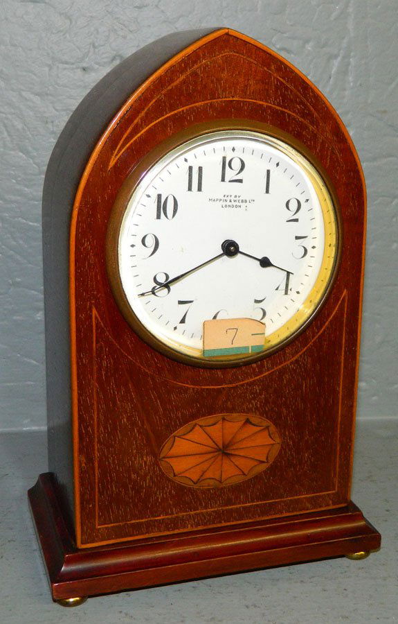 8 day French mahogany inlaid shelf clock.: English inlaid steeple clock by Mappin & Webb