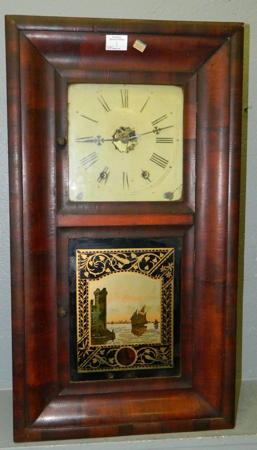 Ogee 8 day mahogany clock w/lighthouse scene.: New Haven ogee eight day mahogany pendulum clock with lighthouse scene detail. 16 3/4" x 30".