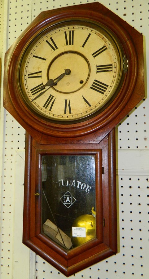Walnut Victorian Regulator eight day clock.: Walnut Victorian Regulator eight day clock. 32" x 18" Glass is cracked.