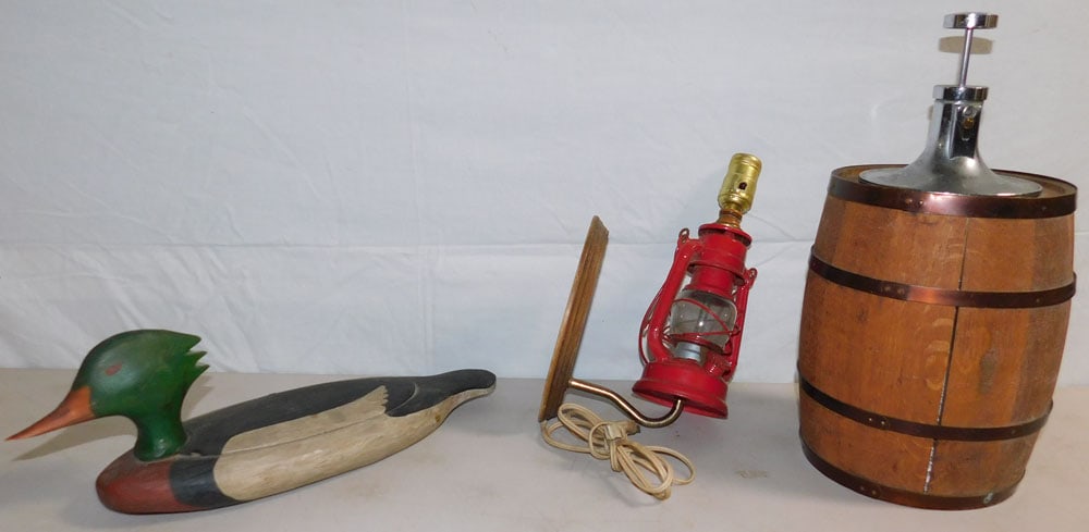 Lot of Painted Carved Wood Decoy, Small Keg, & Wall Lantern Lamp (1 of 3)