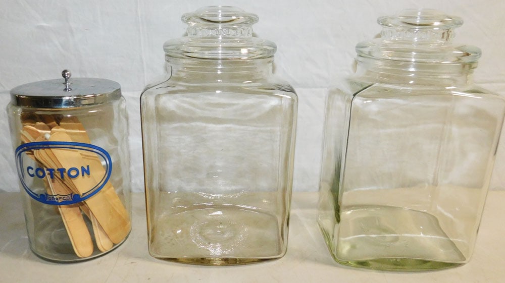 Lot of Apothecary Glass Jars: Lot of Apothecary Glass Jars. "ALL DESCRIPTIONS AND ANY CONDITION STATEMENT GIVEN BY LANGSTON AUCTION GALLERY ARE STRICTLY OPINIONS AND LANGSTON'S SHALL HAVE NO RESPONSIBILITY FOR ERRORS OR OMISSIONS.
