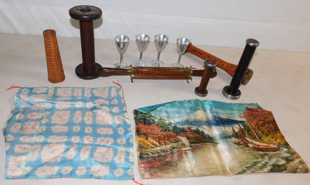 Lot of Wood Spools, Oriental Carving Set, Aluminum Liquors, & Oriental Embroideries (1 of 4)