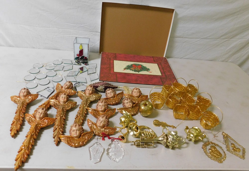 Lot of Christmas Ornaments, Precious Moment Figurine, & Christmas Place Mats: Lot of Christmas Ornaments, Precious Moment Figurine, & Christmas Place Mats. "ALL DESCRIPTIONS AND ANY CONDITION STATEMENT GIVEN BY LANGSTON AUCTION GALLERY ARE STRICTLY OPINIONS AND LANGSTON'S SHALL