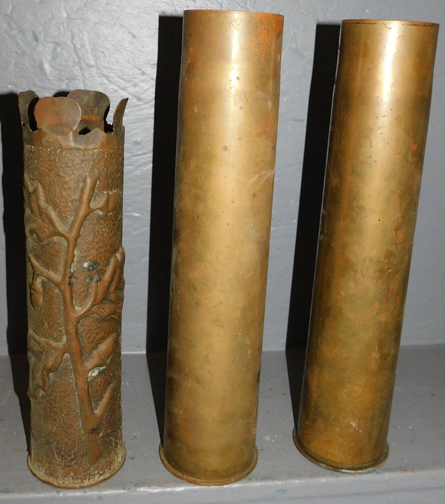 2 Pair of Brass Trench Art Vases: 2 Pair of Brass Trench Art Vases. 15 1/4" H "ALL DESCRIPTIONS AND ANY CONDITION STATEMENT GIVEN BY LANGSTON AUCTION GALLERY ARE STRICTLY OPINIONS AND LANGSTON'S SHALL HAVE NO RESPONSIBILITY FOR ERRORS
