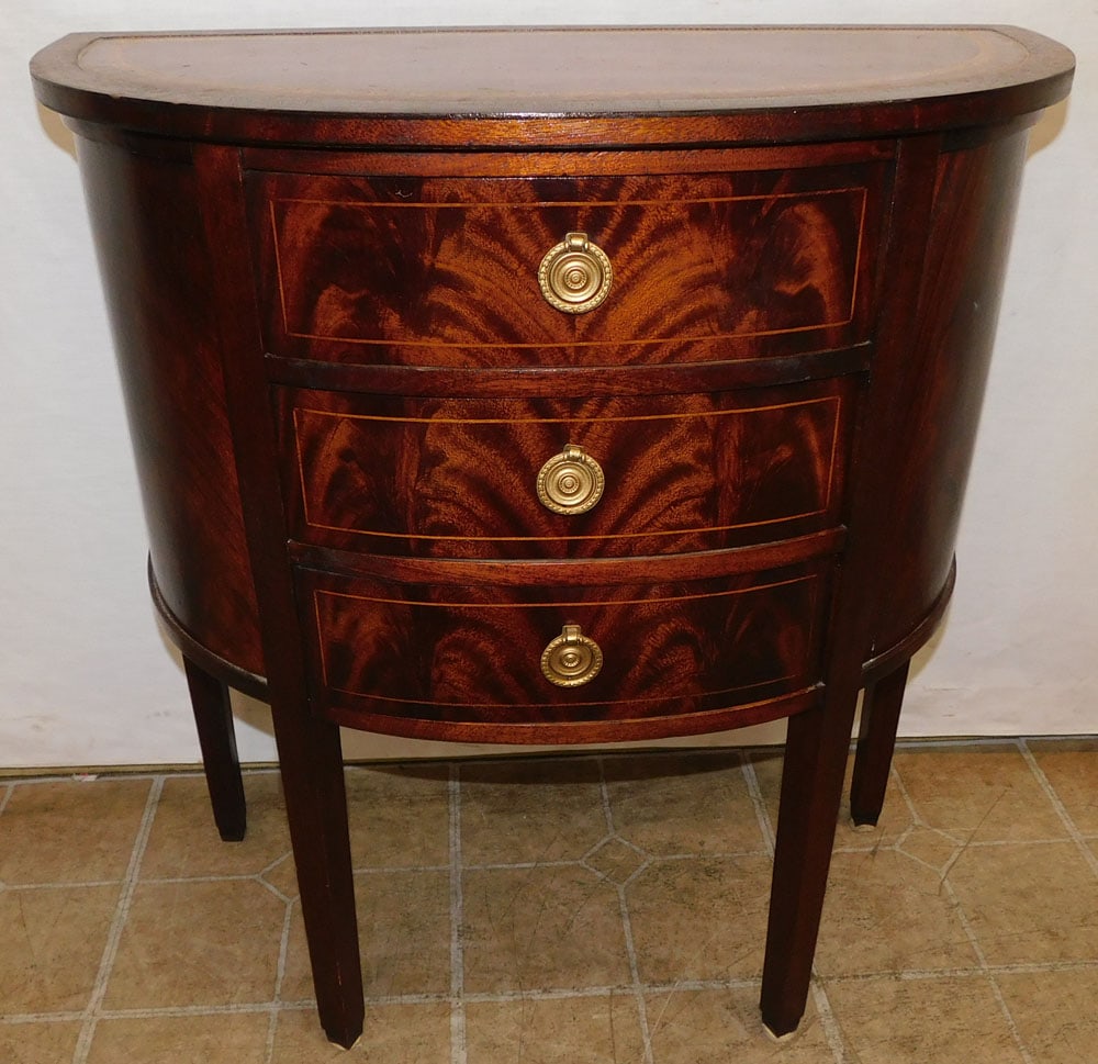 Mahogany Tooled Leather Top Three Drawer Bow Front Chest (1 of 4)