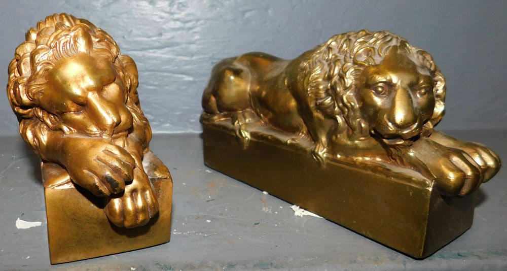 Pair Gilded Metal Recumbent Lion Bookends (1 of 5)