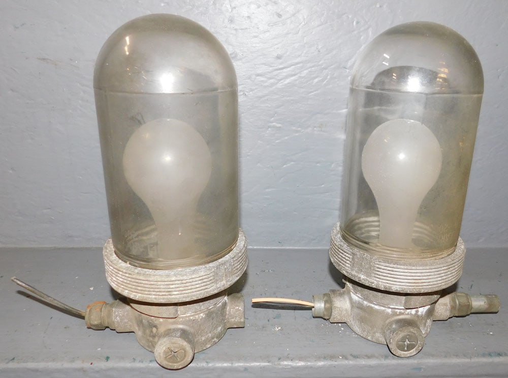 Pair Vintage Electrolet Industrial Wall Lamps: Pair Vintage Electrolet Industrial Wall Lamps. 11" H "ALL DESCRIPTIONS AND ANY CONDITION STATEMENT GIVEN BY LANGSTON AUCTION GALLERY ARE STRICTLY OPINIONS AND LANGSTON'S SHALL HAVE NO RESPONSIBILITY F