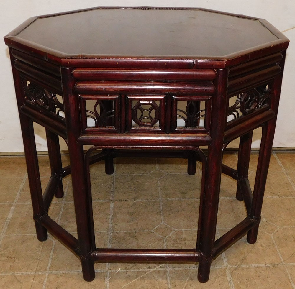Octagonal Bamboo Stand: Octagonal Bamboo Stand. 24" W 24" D 22" H "ALL DESCRIPTIONS AND ANY CONDITION STATEMENT GIVEN BY LANGSTON AUCTION GALLERY ARE STRICTLY OPINIONS AND LANGSTON'S SHALL HAVE NO RESPONSIBILITY FOR ERRORS O