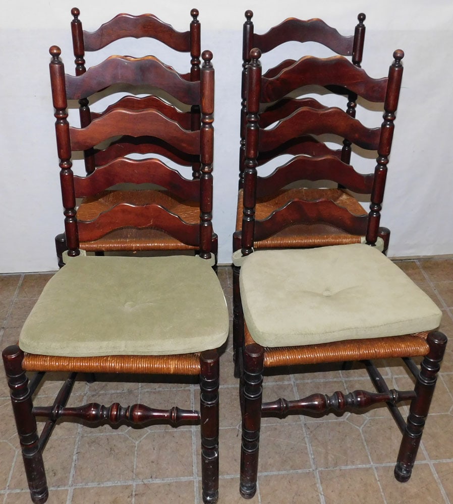 Set Four Walnut Ladderback Rush Bottom Dining Chairs (1 of 5)