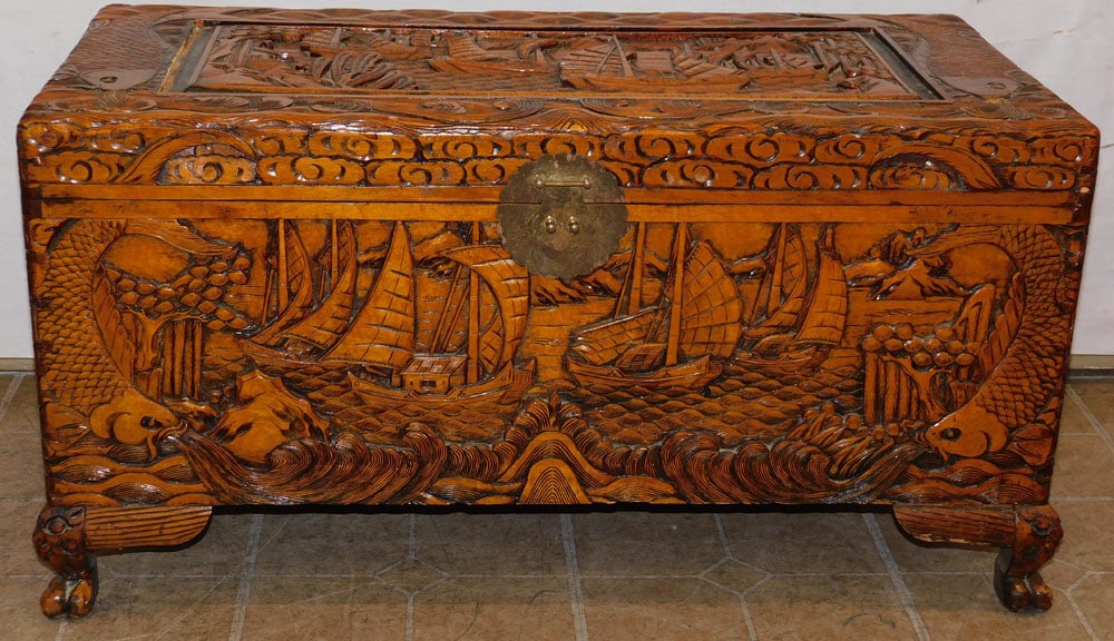 Oriental High Relief Carved Wood Box With Koi Motif (1 of 5)