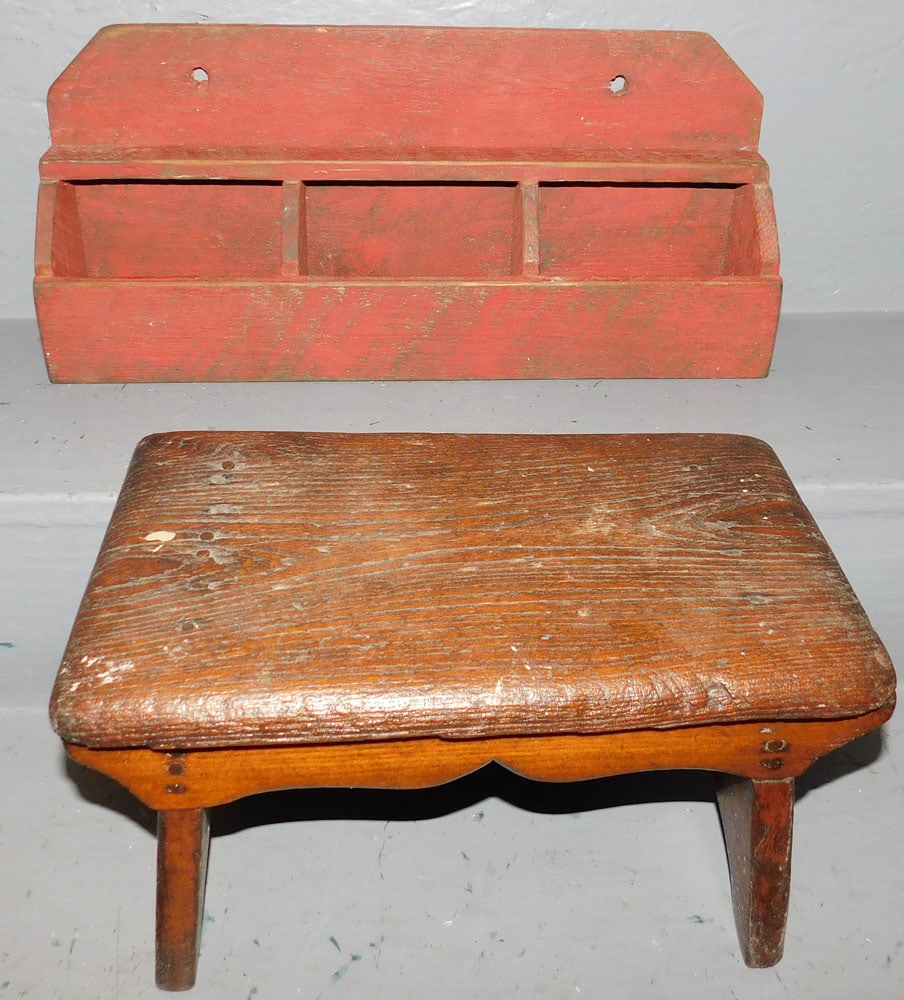 Antique Pine Foot Stool & Red Wash Hanging Bin (1 of 3)