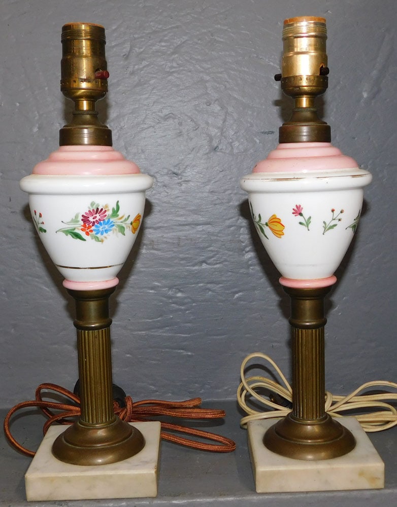 Pair Paint Decorated Marble Base Bristol Glass Lamps (1 of 2)