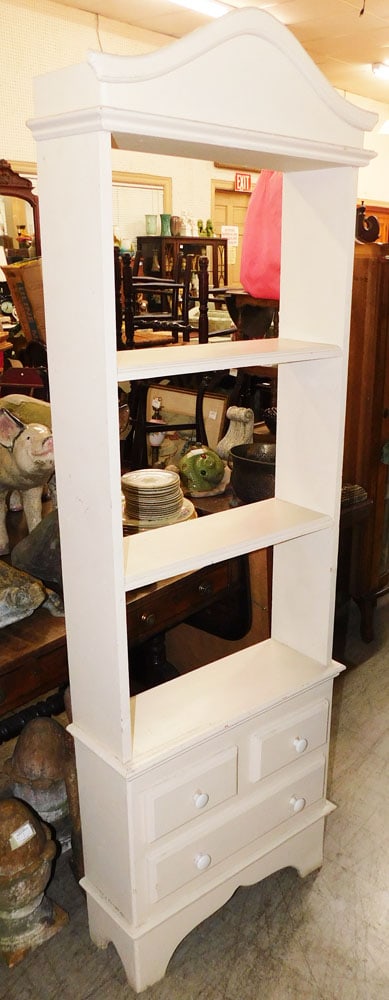 Painted Wall Shelf With Faux Drawers: Painted Wall Shelf With Faux Drawers. 23 1/2" W 8 1/4" D 70 1/2" H "ALL DESCRIPTIONS AND ANY CONDITION STATEMENT GIVEN BY LANGSTON AUCTION GALLERY ARE STRICTLY OPINIONS AND LANGSTON'S SHALL HAVE NO RE