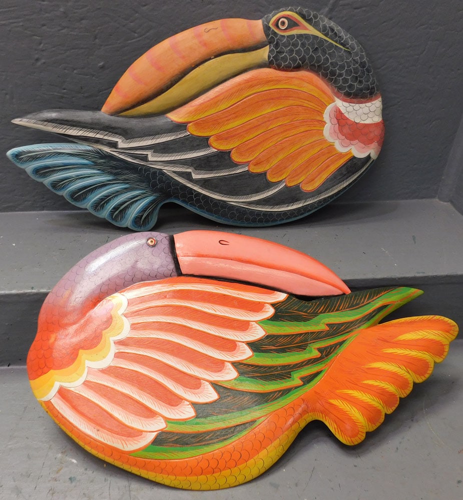 Two Painted Wood Carved Bird Wall Plaques (1 of 4)