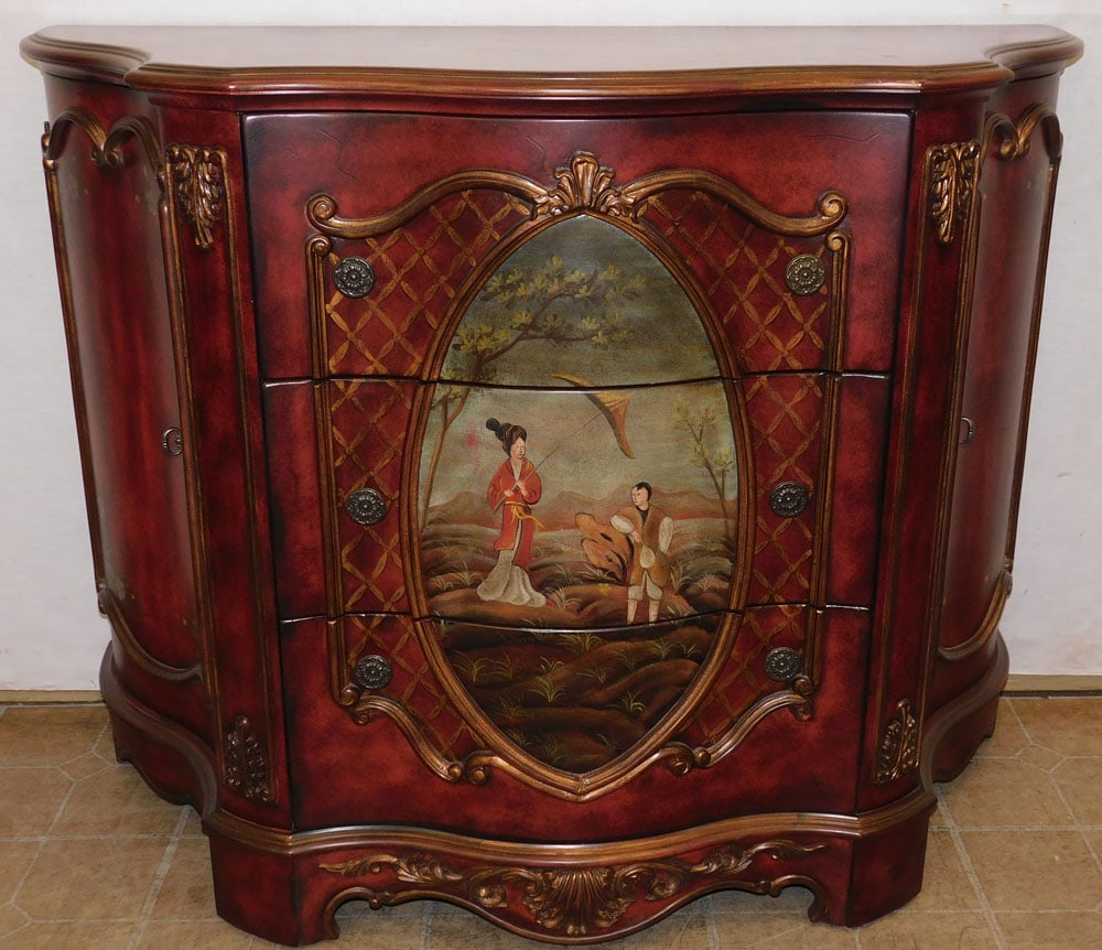 Paint Decorated Serpentine Front Three Drawer Two Door Console (1 of 7)