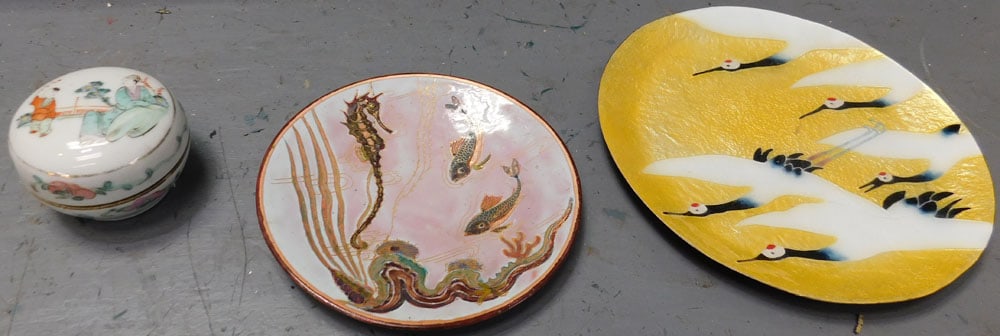 Two Oriental Enameled Plates & Porcelain Covered Box (1 of 4)