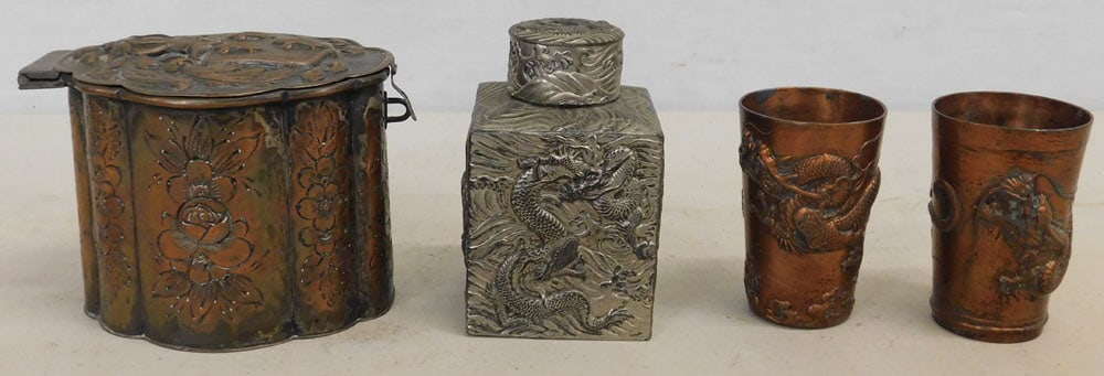 Pewter Oriental Tea Caddy - Two Copper Dragon Cups - Copper Tea Caddy (1 of 4)