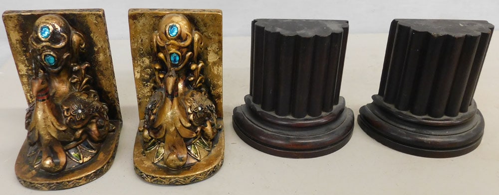 Pair Painted Resin Peacock Bookends & Pair Mahogany Reeded Column Form Bookends (1 of 4)