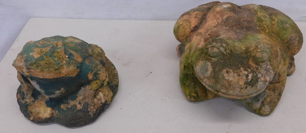 Two Pottery Frogs: Two Pottery Frogs. 13" W 7" H "ALL DESCRIPTIONS AND ANY CONDITION STATEMENT GIVEN BY LANGSTON AUCTION GALLERY ARE STRICTLY OPINIONS AND LANGSTON'S SHALL HAVE NO RESPONSIBILITY FOR ERRORS OR OMISSIONS.
