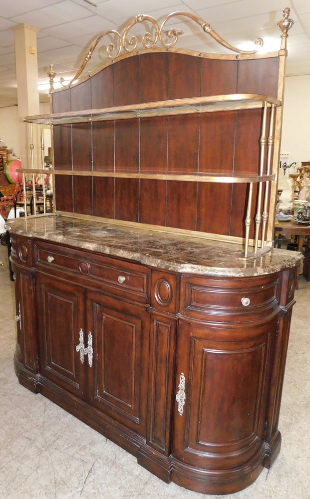 Mahogany Marble Top Side Board With Metal & Glass Back Splash (Two Parts): Mahogany Marble Top Side Board With Metal & Glass Back Splash (Two Parts). 75" W 22" D 88" H "ALL DESCRIPTIONS AND ANY CONDITION STATEMENT GIVEN BY LANGSTON AUCTION GALLERY ARE STRICTLY OPINIONS AND L