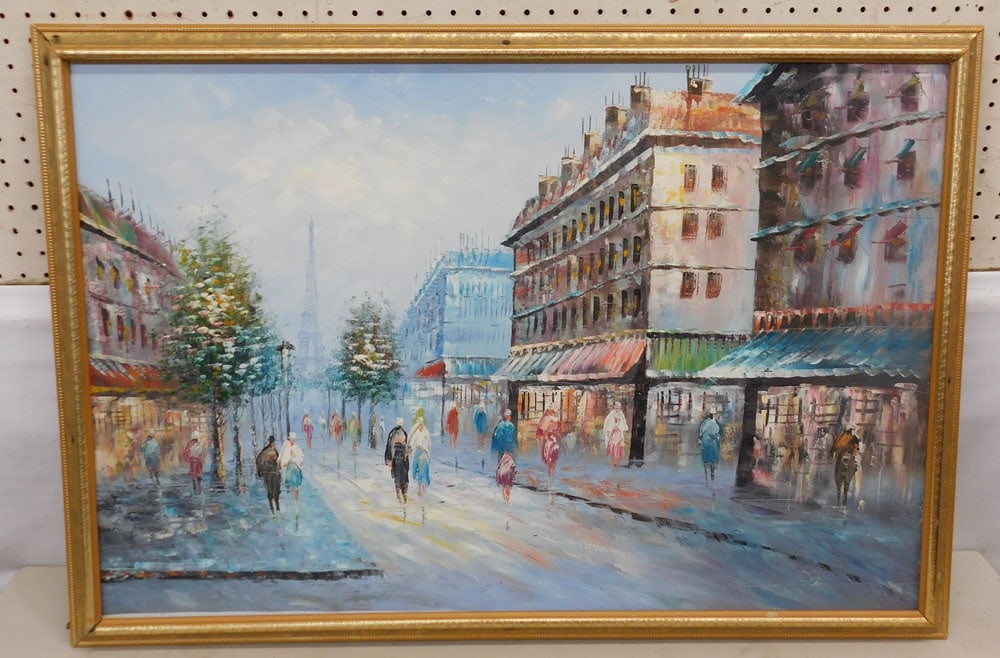 Framed Oil On Canvas French Street Scene (1 of 3)