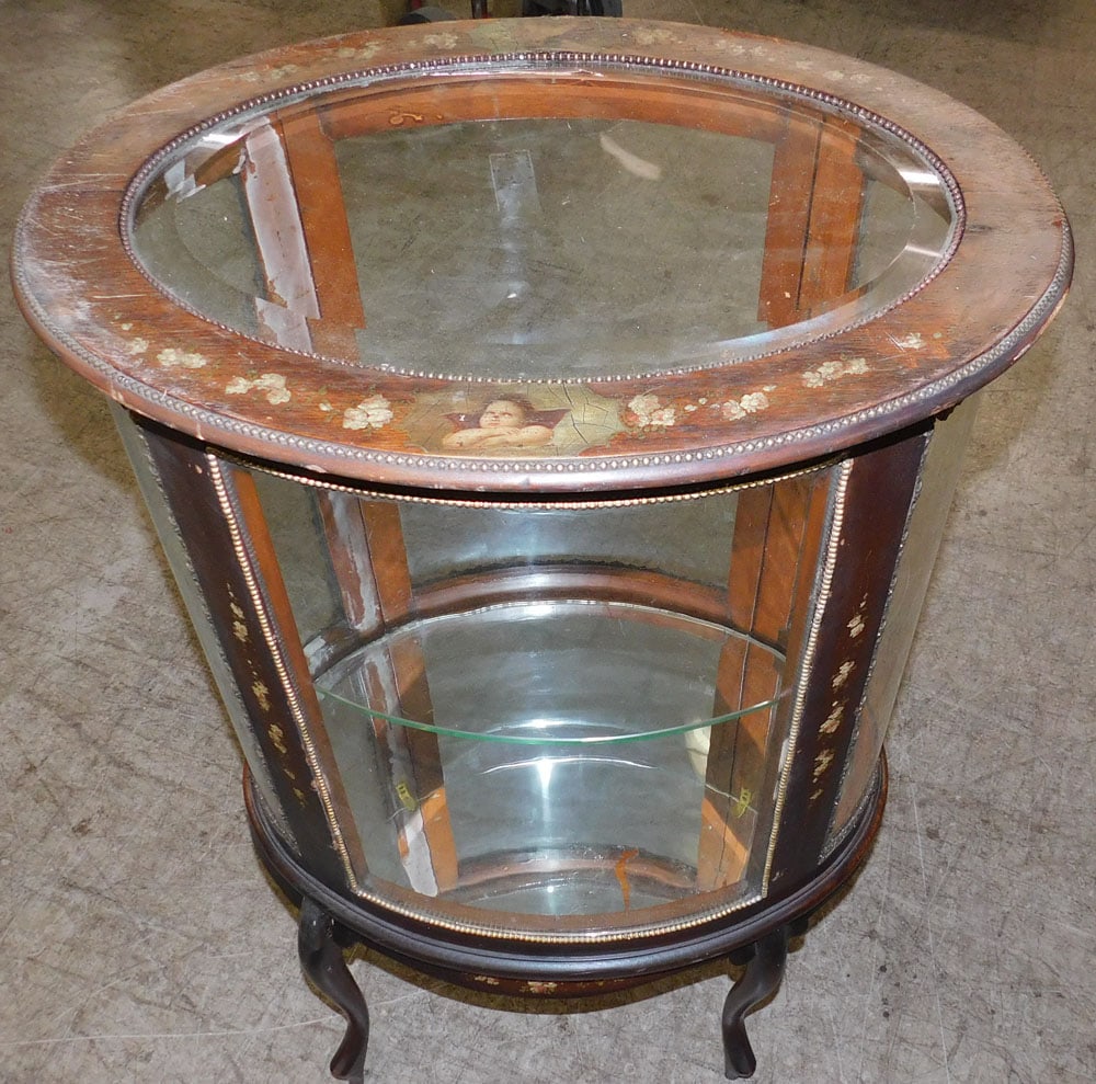 Hand Paint Decorated Mahogany & Glass Cabinet: Hand Paint Decorated Mahogany & Glass Cabinet. 25" W 19 1/2" D 41" H "ALL DESCRIPTIONS AND ANY CONDITION STATEMENT GIVEN BY LANGSTON AUCTION GALLERY ARE STRICTLY OPINIONS AND LANGSTON'S SHALL HAVE NO 