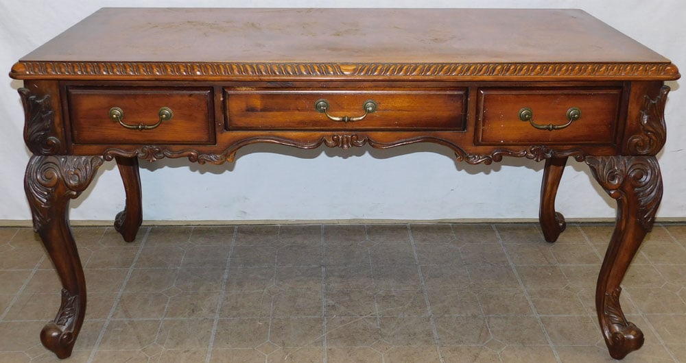 Mahogany & Burl Elmwood Desk: Mahogany & Burl Elmwood Desk. 59 1/2" W 30" D 31 1/2" H "ALL DESCRIPTIONS AND ANY CONDITION STATEMENT GIVEN BY LANGSTON AUCTION GALLERY ARE STRICTLY OPINIONS AND LANGSTON'S SHALL HAVE NO RESPONSIBILIT