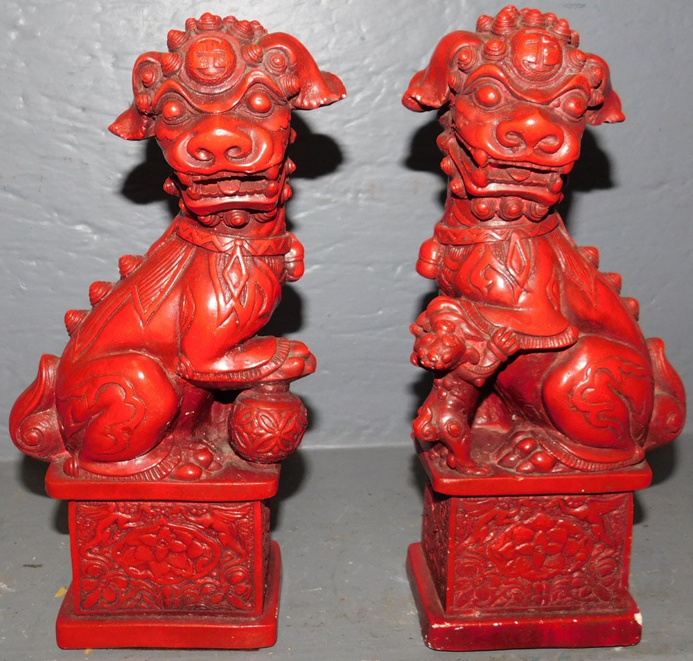 Pair Oriental Painted Ceramic Foo Dogs (1 of 4)