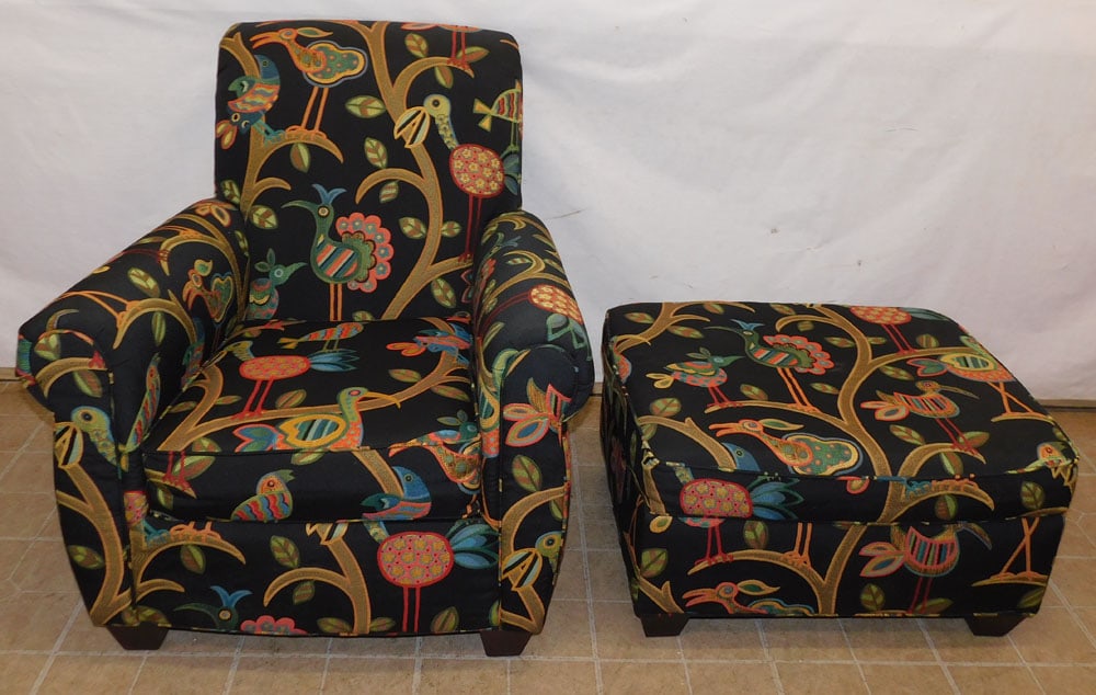 Upholstered Chair & Ottoman By Edgecombe: Upholstered Chair & Ottoman By Edgecombe. 35 1/2" H "ALL DESCRIPTIONS AND ANY CONDITION STATEMENT GIVEN BY LANGSTON AUCTION GALLERY ARE STRICTLY OPINIONS AND LANGSTON'S SHALL HAVE NO RESPONSIBILITY FO
