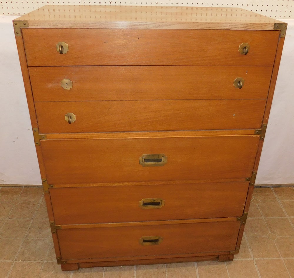 Campaign Style Walnut Five Drawer Chest By Drexel (1 of 7)