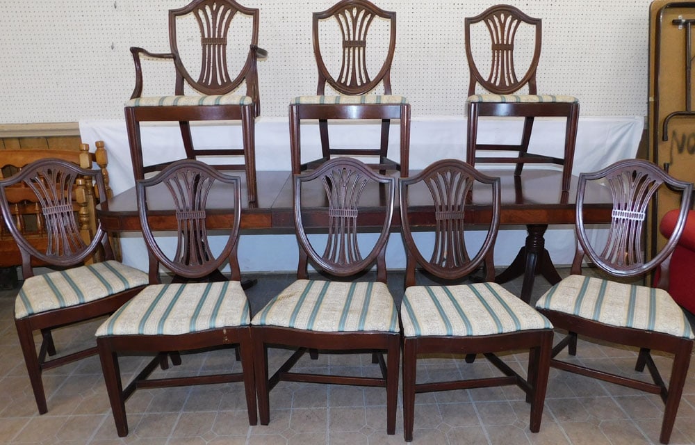Mahogany Two Pedestal Dining Table With Three Leaves And Eight Mahogany Shield Back Chairs (1 of 9)