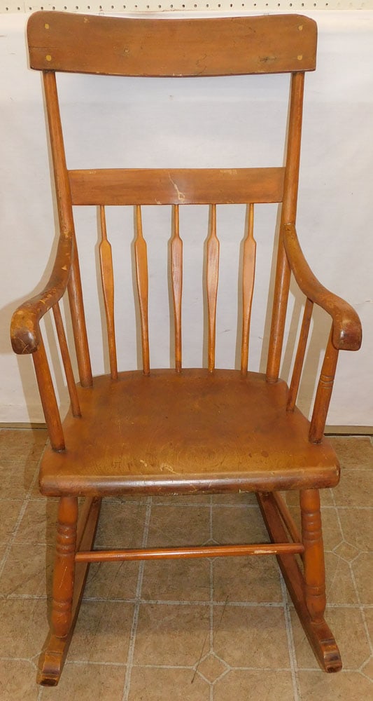 Antique Cherry Rocking Chair: Antique Cherry Rocking Chair. 44 3/4" H "ALL DESCRIPTIONS AND ANY CONDITION STATEMENT GIVEN BY LANGSTON AUCTION GALLERY ARE STRICTLY OPINIONS AND LANGSTON'S SHALL HAVE NO RESPONSIBILITY FOR ERRORS OR 
