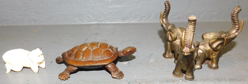 Bronze Turtle - Metal Elephant Stand - Bone Carved Monkey: Bronze Turtle - Metal Elephant Stand - Bone Carved Monkey. "ALL DESCRIPTIONS AND ANY CONDITION STATEMENT GIVEN BY LANGSTON AUCTION GALLERY ARE STRICTLY OPINIONS AND LANGSTON'S SHALL HAVE NO RESPONSIBI
