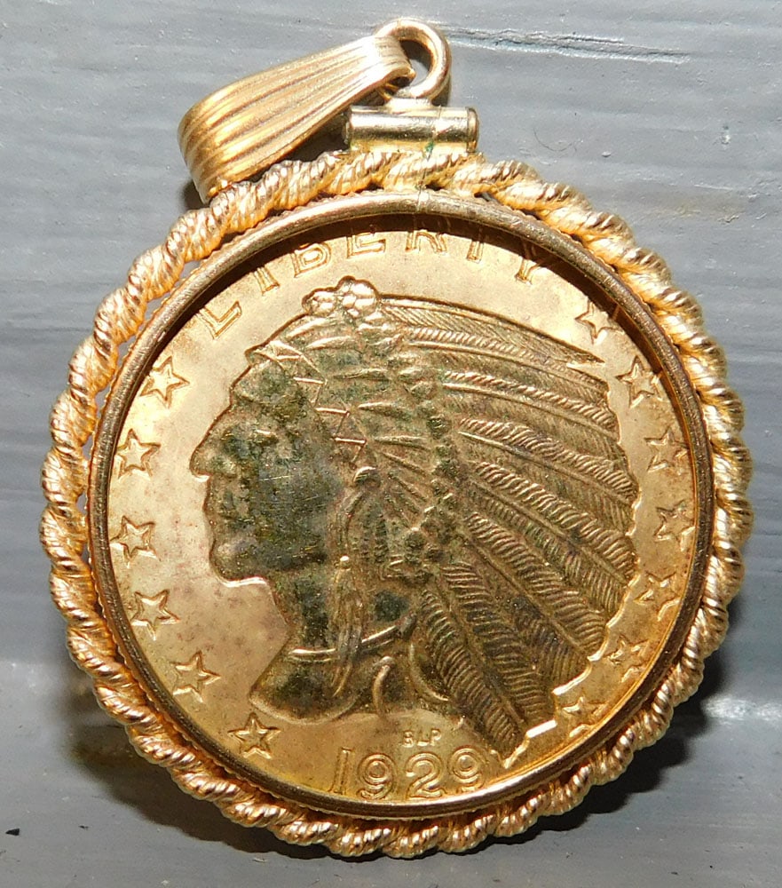 Faux Gold Coin Pendant: Faux Gold Coin Pendant. "ALL DESCRIPTIONS AND ANY CONDITION STATEMENT GIVEN BY LANGSTON AUCTION GALLERY ARE STRICTLY OPINIONS AND LANGSTON'S SHALL HAVE NO RESPONSIBILITY FOR ERRORS OR OMISSIONS. THE A