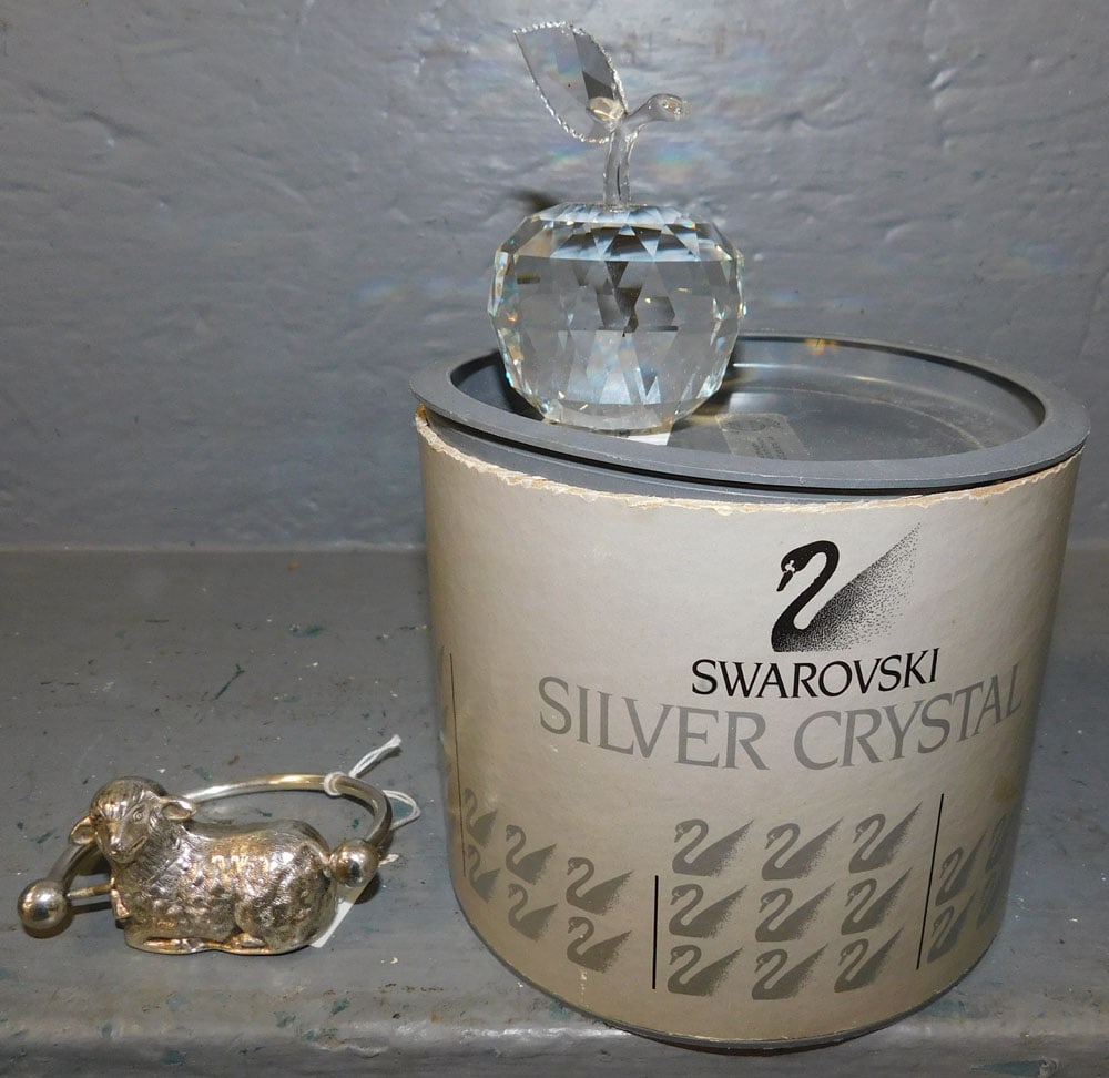 Swarovski Apple & Portugal Silver Plate Lamb Babys Rattle: Swarovski Apple & Portugal Silver Plate Lamb Babys Rattle. "ALL DESCRIPTIONS AND ANY CONDITION STATEMENT GIVEN BY LANGSTON AUCTION GALLERY ARE STRICTLY OPINIONS AND LANGSTON'S SHALL HAVE NO RESPONSIBI