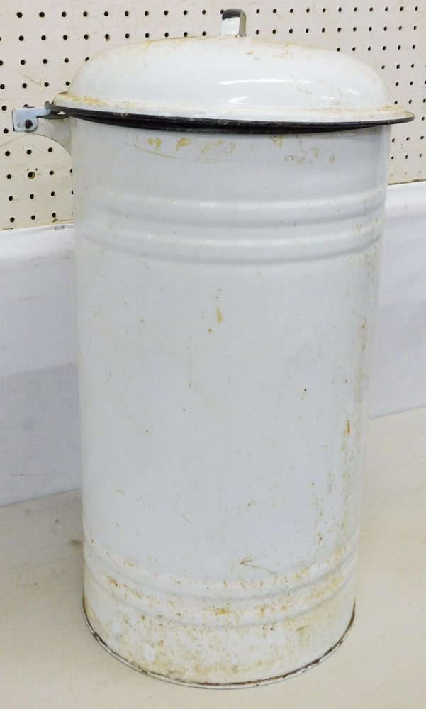 Antique Enamel Waste Bin: Antique Enamel Waste Bin. 24" H "ALL DESCRIPTIONS AND ANY CONDITION STATEMENT GIVEN BY LANGSTON AUCTION GALLERY ARE STRICTLY OPINIONS AND LANGSTON'S SHALL HAVE NO RESPONSIBILITY FOR ERRORS OR OMISSION