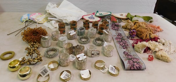 Lot of Beaded Napkin Rings, Bell Pull, Tassels, & Linens